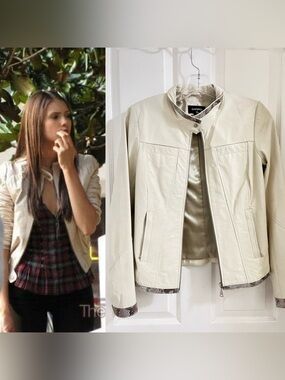 DANIER Women's Cream Leather Jacket - Stylish Zip & Snap Collar